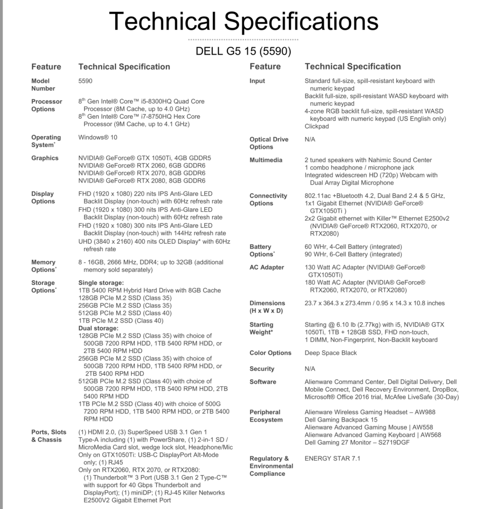 Dell G5 15 5590 specification