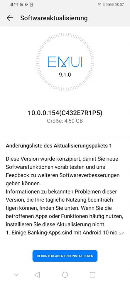 Huawei Mate 20 Pro  EMUI 10 stable update in Europe