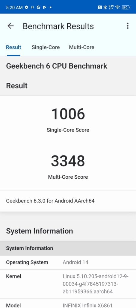 Infinix ZERO 40 5G Geekbench